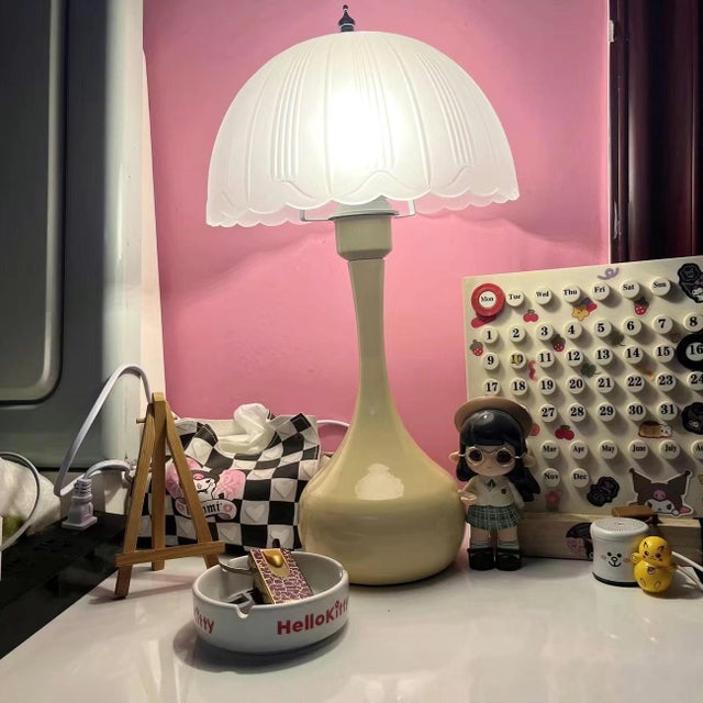 Art Deco Light Cyan Glaze Petal Pattern Ceramic Table Lamp For Sale - Image 3 of 3