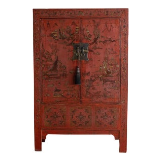 Early 20th Century Chinese Red Lacquer Painted Two-Door Wedding Cabinet For Sale