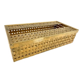 Vintage Hollywood Regency Gold-Tone Basket Weave Tissue Box & Guest Towel Holder For Sale