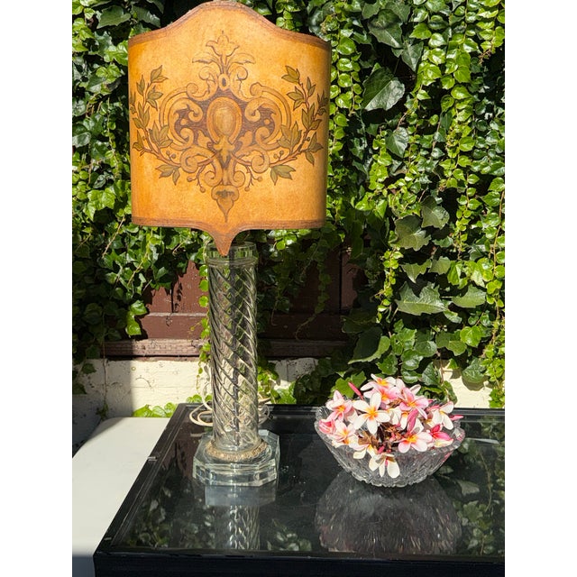 1950s Pair of Wonderful Glass Swirl Crystal Lamps With Custom Hand Painted Italian Tuscan Shades For Sale - Image 4 of 5