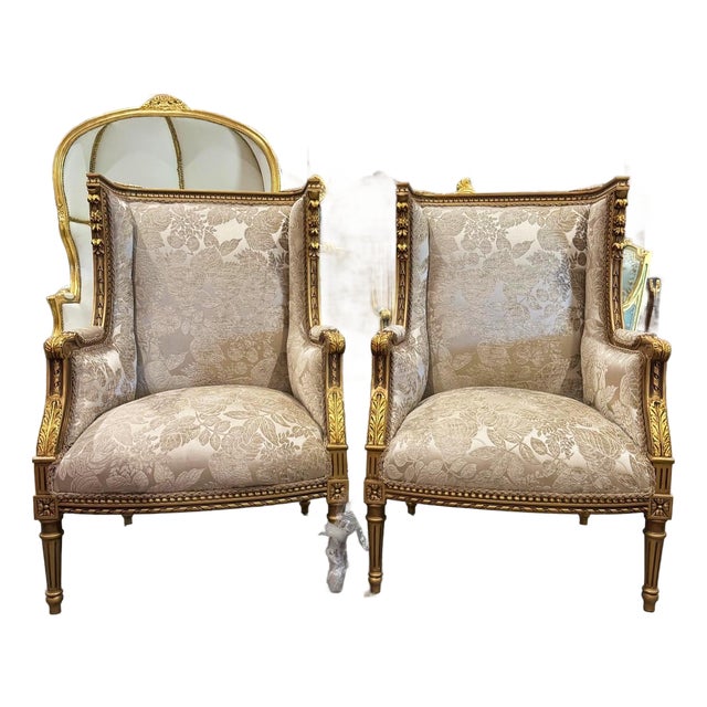 Neo-Classical Gold Bergère Wing Chair With Gold Leaf Details For Sale
