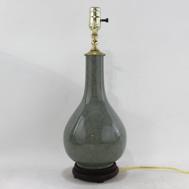 Late 20th Century Vintage Celadon Crackle Glaze Porcelain Table Lamp Bottle Vase With Rosewood Base For Sale - Image 5 of 12