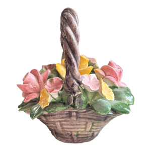 1970s Petite Italian Capodimonte Porcelain Basket With Flower