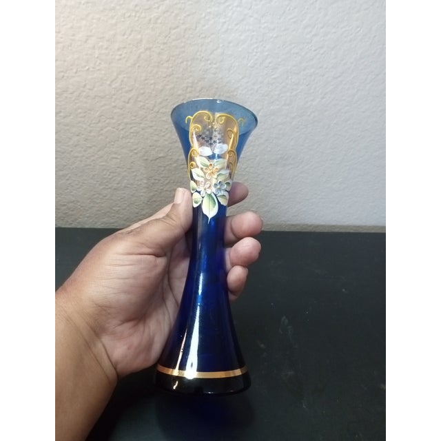EXQUISITE Hand painted Czech Bohemian Cobalt Blue Glass 7" Bud Vase Add a touch of elegance to your home decor with this...