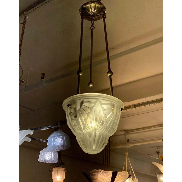 French Art Deco Pendant Chandelier Signed by Degue For Sale - Image 9 of 10