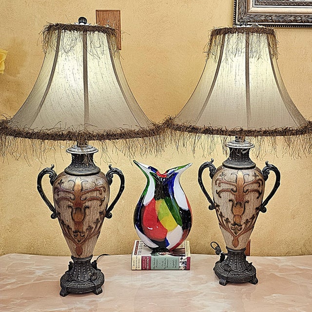 Pair of Vintage Neoclassical Urn Table Lamps With Decorative Fringe Shades For Sale - Image 13 of 18