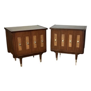 Pair of Mid Century Modern Nightstands Cane Fronts & Brass Hardware, Circa 60s For Sale