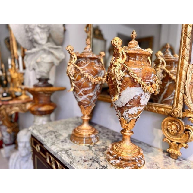 Goldenrod Napoleon III Marble Urns Decorated with Putti, Set of 2 For Sale - Image 8 of 16