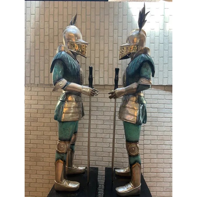 Gothic Vintage Life Size Medieval Bronze Knight With Sword Statue - Pair For Sale - Image 3 of 8