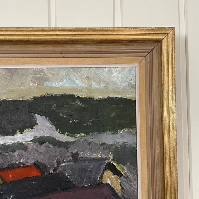 1950s 1950s Mid-Century Swedish Modernist Winter Townscape Oil Painting "Odenslund" by Bo Olsson Perman For Sale - Image 5 of 14