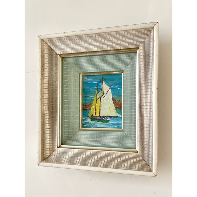 Petite Vintage Expressionist Sailboat Seascape in Amazing 2-Tone Double Frame, Glazed For Sale - Image 9 of 13