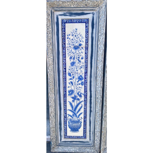 Pair of Framed Hand-Painted Chinoiserie Blue & White Ceramic Tile Panels From a Hollywood Props House For Sale - Image 9 of 11
