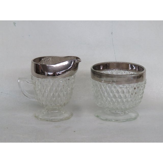 Mid 20th Century Indiana Diamond Point Creamer Sugar Bowl Set Clear Glass Silver Tone Rim 4538b For Sale - Image 10 of 12