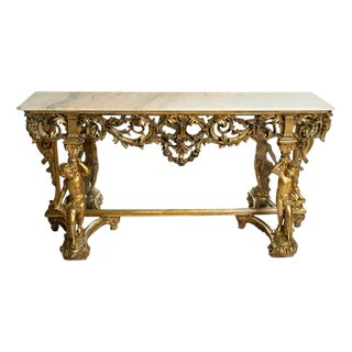 20th Century Baroque Carved Console Table with Mirror & Alabaster, 1800s For Sale
