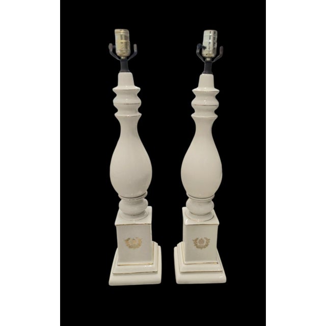Vintage Traditional Wheat Crest Lenox Style White Gold Extra Tall Turned Table Lamps- A Pair For Sale - Image 9 of 10
