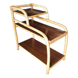 Restored Mid-Century Rattan Side Lamp Table With Three-Tier Mahogany Tops For Sale