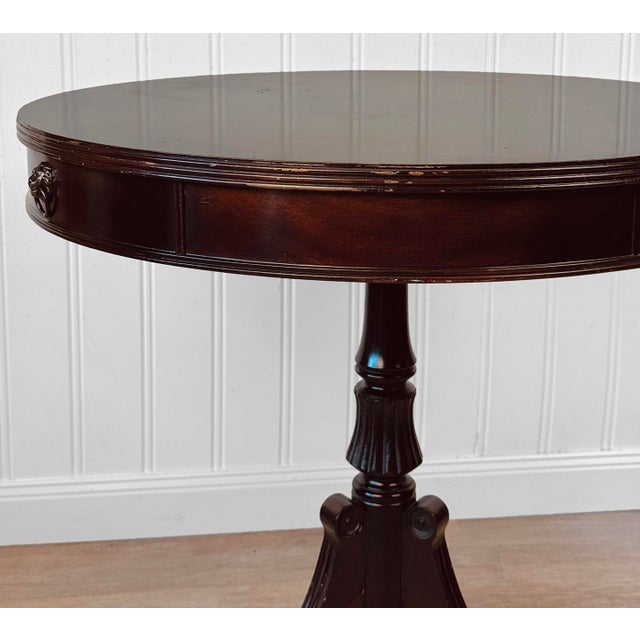 Wood Vintage Traditional Mahogany Round Drum Table W/ Lions Head Pulls For Sale - Image 7 of 13