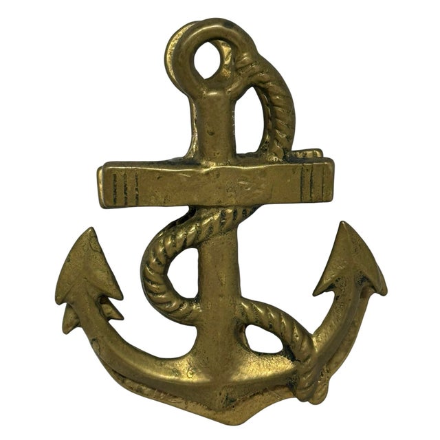 Solid vintage ship’s anchor door knocker in warm brass, 4” tall. Well-crafted maritime motif with authentic aged finish;...