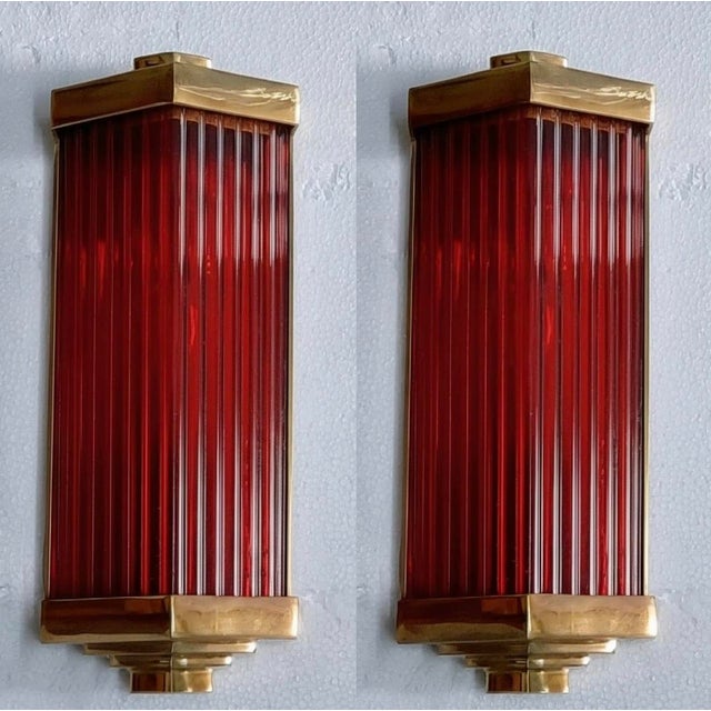 Vintage Art Deco Light Old Lamp Wall Sconces Fixture Brass & Red Glass Rod Ship Light - Pair For Sale - Image 4 of 5