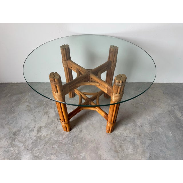 Mid-Century Modern Vintage Coastal Rattan Dining Table With Round Glass Top/ Sold For Sale - Image 3 of 12