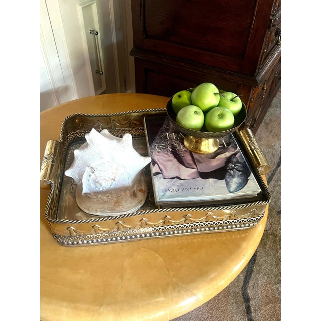 French Brass Tray with very deep 4.5" gallery, top Rim is Braided Brass with Repousse of Ribbons and bows around perimeter...