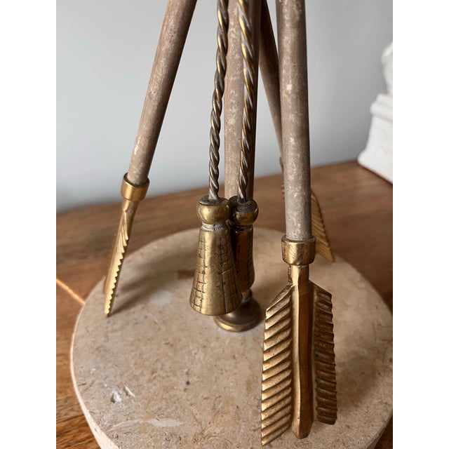 Metal Mid 20th Century French Arrow & Tassel Lamps on Travertine Bases With Original Fabric Shades-a Pair For Sale - Image 7 of 12
