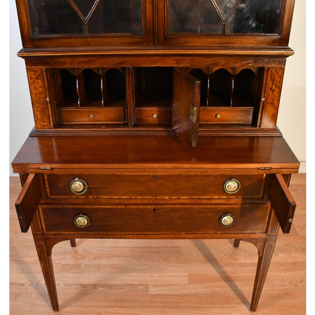 1930s Federal Style Mahogany Secretary Desk Hutch Display Cabinet Bookcase For Sale - Image 10 of 18