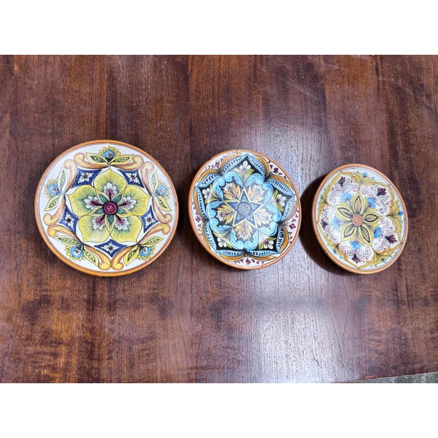 Circa 1990's Ceramic Erincina Hand Painted Wall Plates, Set of Three For Sale In San Francisco - Image 6 of 12
