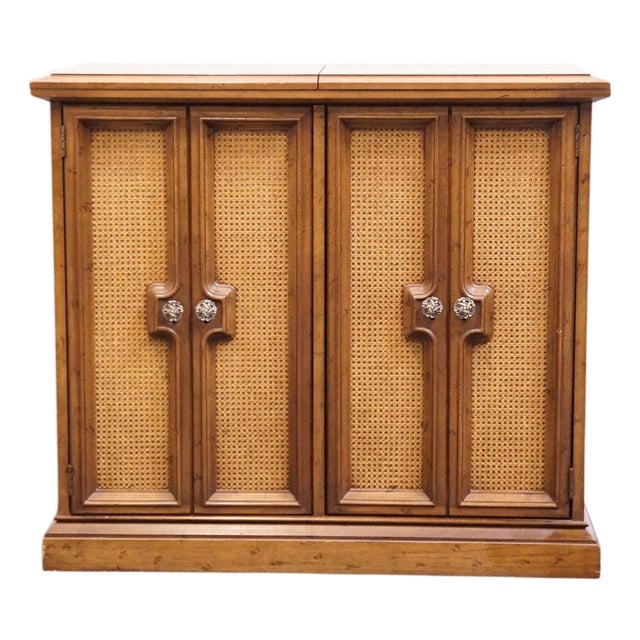 Drexel Furniture Solid Pecan Mediterranean Old World 76" Flip Top Server Buffet W. Caned Doors For Sale