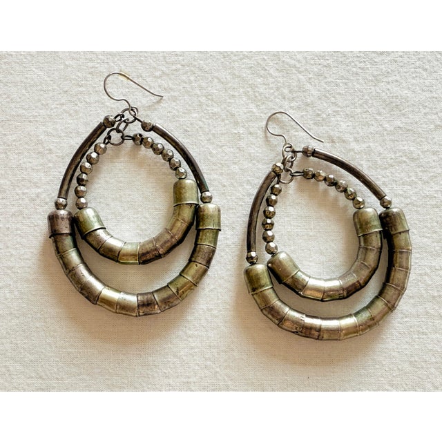 Silver Vintage Boho Chic Mixed Metal Double Hoop Statement Earrings For Sale - Image 8 of 8