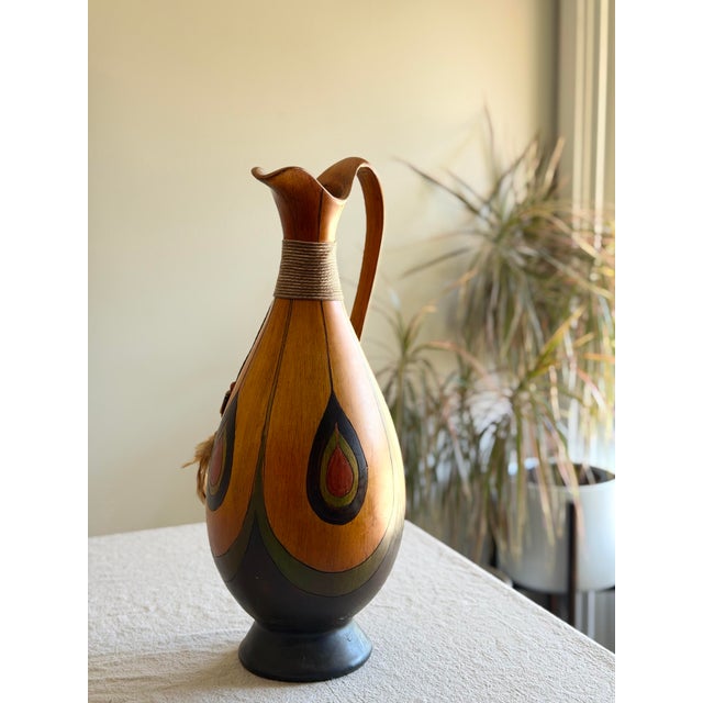 Vintage Midcentury African Bentwood Pitcher Vase With Sculptural Neck and Curving Handle, Teardrop Accents, Feather and Stone Tassel Detail For Sale - Image 12 of 12