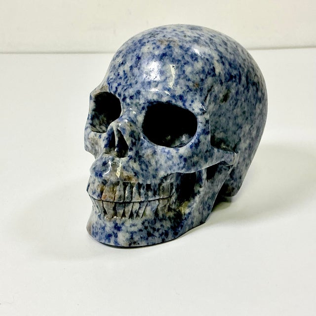 1970s Vintage Abstract Expressionism Boho Chic Hand Carved Blue Speckled Sodalite Skull Sculpture, Halloween For Sale - Image 13 of 13