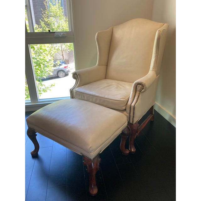 Vintage Hooker Furnishings/ Sam Moore leather chair ottoman set. Elegant champagne leather. Decorative brass nailhead...