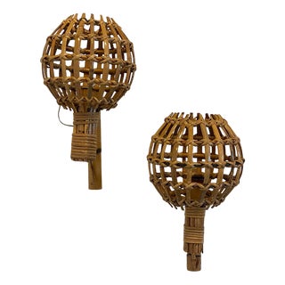 Rattan and Bamboo Wall Lamps, 1970s, Set of 2 For Sale
