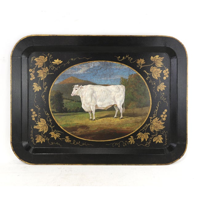 20th Century Hand-Painted English Countryside Art Decorative Metal Tray For Sale - Image 12 of 12
