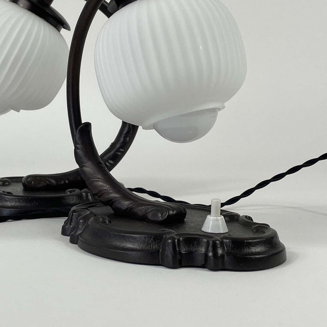 Art Deco Bronzed and Opaline Glass Table Lamps, 1920s, Set of 2 For Sale - Image 15 of 17