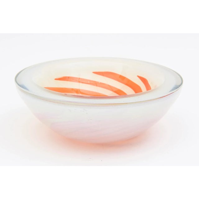 This gorgeous round optical vintage Murano hand blown glass bowl is by Fratelli Toso and is white cased opalescent with...