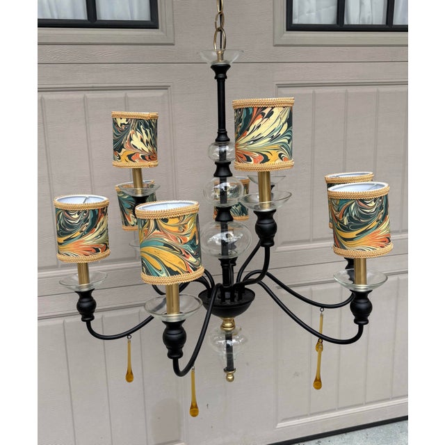 Vintage Chandelier With Marbleized Shades and Amber Crystals For Sale - Image 9 of 12