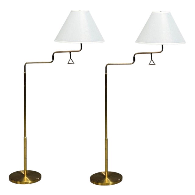 Armaturhantverk Göteborg, Articulating Floor Lamps, Brass, Fabric, Sweden, 1960s For Sale