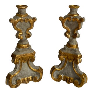 Pair of Italian-Style Gray and Gilt Scrollwork Candlesticks For Sale
