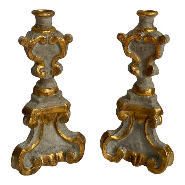 Pair of Italian-Style Gray and Gilt Scrollwork Candlesticks For Sale