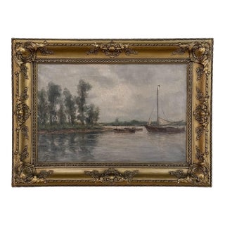 19th Century Belgian Oil on Canvas Painting of Riverboats by Romain Steppe in Original Gilt Frame For Sale