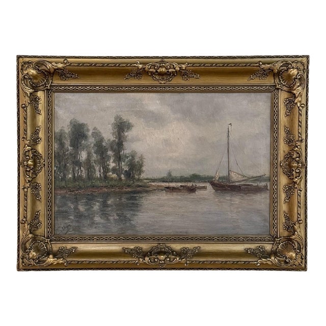 19th Century Belgian Oil on Canvas Painting of Riverboats by Romain Steppe in Original Gilt Frame For Sale