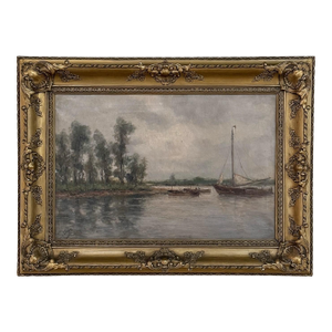 19th Century Belgian Oil on Canvas Painting of Riverboats by Romain Steppe in Original Gilt Frame