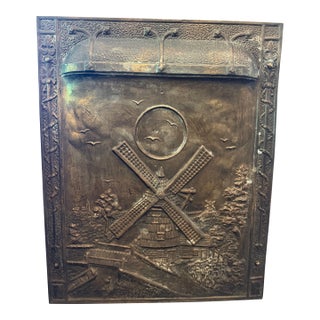 Antique Embossed Fireplace Summer Cover, Windmill Scene, Bronze-Tone Metal For Sale