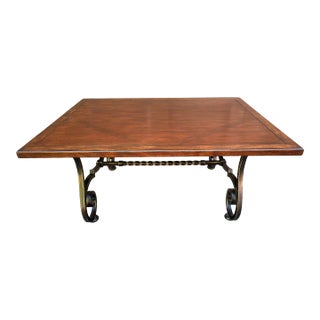 Bernhardt Repertoire Diamond Inlay Wood Cocktail Coffee Table on Metal Hand-Forged Scrolled Base For Sale