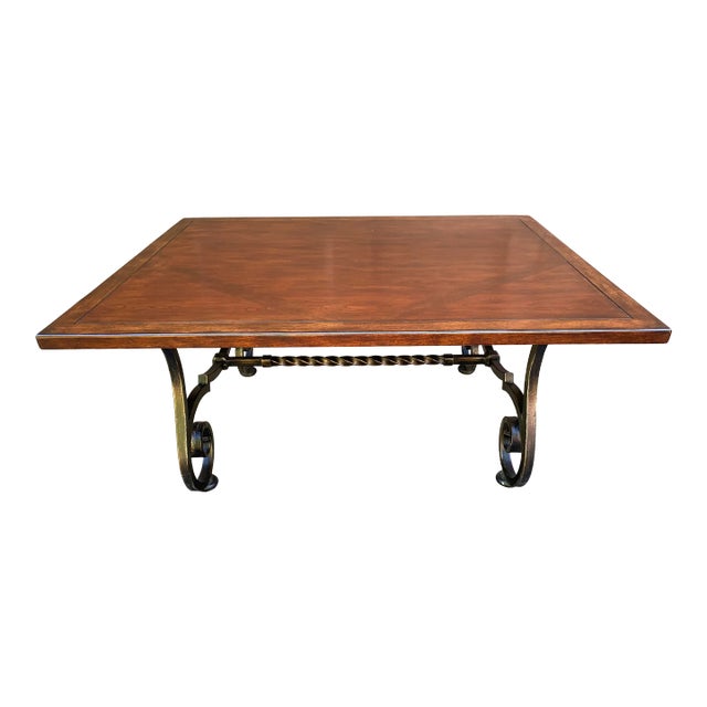 Bernhardt Repertoire Diamond Inlay Wood Cocktail Coffee Table on Metal Hand-Forged Scrolled Base For Sale