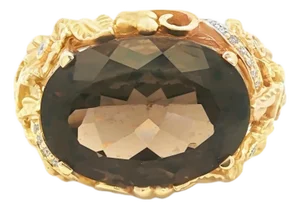 Vintage Floral Design Smoky Quartz and Diamond 14k Yellow Gold Ring, Size 6.5