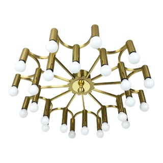 Gigantic Brass 24 Bulb Flush Mount Ceiling Light in the style of Stilnovo, Italy, 1960s For Sale