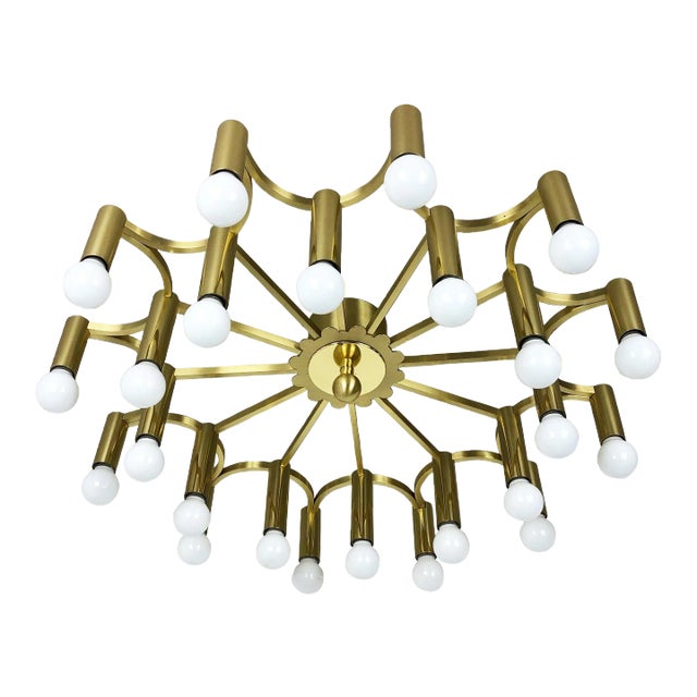 Gigantic Brass 24 Bulb Flush Mount Ceiling Light in the style of Stilnovo, Italy, 1960s For Sale